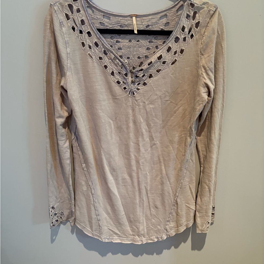Free People Lavendar Lace Detail Long Sleeve Top in size M